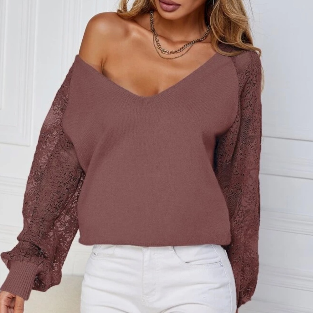 Boho lace raglan sleeve sweater light gray - Picture 2 of 15